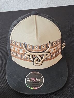 Men’s Beige and Black Trucker Hat with Western Knot Logo